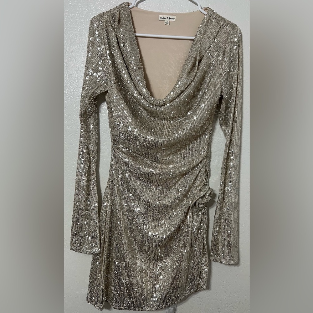 For Love & Lemons Gold Sequin Mini Dress Draped Party Cocktail Small